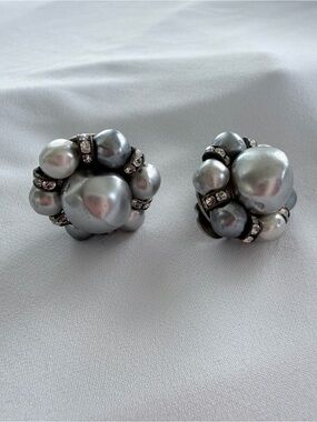 Silver-Tone Faux Pearl Cluster Clip-On Earrings - Elegant Silver Floral Design